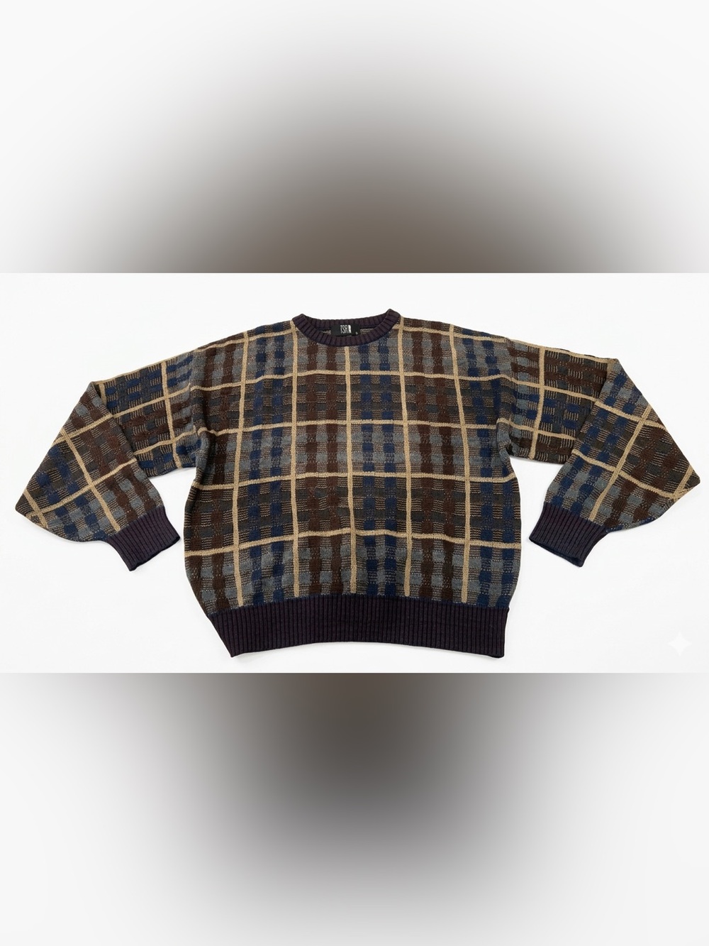 TSR‎ USA Vintage Coogi Style Grandpa Knit Sweater XL Blue Brown Plaid Geometric